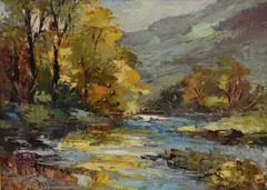 An impressionistic impasto river scene by Valter Bezins, Oil on board, offered Nov 2025