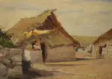 A dwelling beneath mountains with woman working by Townley Benson, oil on board, offered Nov 2025