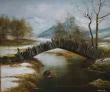 Slaters Bridge, Lake District' a depiction of the iconic bridge in Little Langdale in winter by W Howarth, Oil on board, offered Nov 2025
