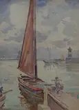 Maritime scene depicting a sailing boat in a harbour with by Tom Anderton, Watercolour, offered Nov 2025