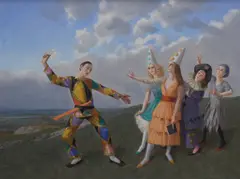 A group dressed in harlequin clothing by Claude Harrison, Oil, offered Nov 2025