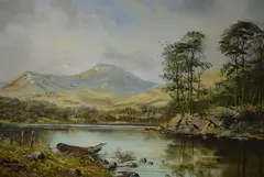 Depicting a row boat on tranquil lake with by John Corcoran, Oil on canvas, offered Nov 2025