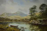 Depicting a row boat on tranquil lake with by John Corcoran, Oil on canvas, offered Nov 2025