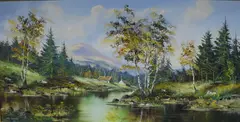 Scottish Scene' , an attractive forested river scene with cottages and mountains by John Corcoran, Oil on canvas, offered Nov 2025