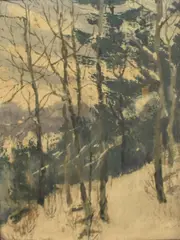 A miniature winter forest scene by Marion Gray Traver, oil on board, offered Oct 2025