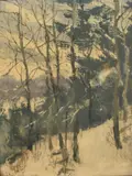 A miniature winter forest scene by Marion Gray Traver, oil on board, offered Oct 2025