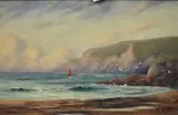 A costal scene in cool tones with boats sailing below by R Gill, Oil on board, offered Oct 2025