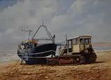 Depicting a fishing boat being towed on a beach by David Horne, Oil on Canvas, offered Oct 2025