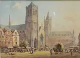 Continental street scene with Cathedral by Pierre Le Boeuff, watercolour, offered Oct 2025