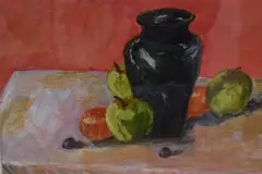 Colourful impressionistic river scene by Diana T, gouache, offered Oct 2025