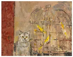 Cat and Canaries signed 'Ruskin Spear' (lower right) oil on boardUnframed: 51.4 x 61.5 cm by Ruskin Spear, oil on board, sold Jun 2026