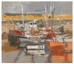 Boats by Ken Howard, oil on board, sold Jun 2026