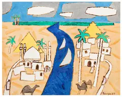 Arabian landscape by Julian Trevelyan, oil on canvas, sold Jun 2026