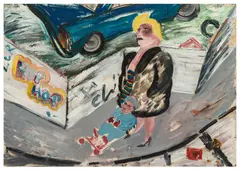 Woman and Child in Pushchair by Jock McFadyen, oil on board, sold Jun 2026