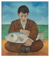 Boy and Fish by Michael Scott, oil on canvas, sold Jun 2026