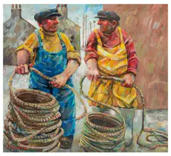 Harbour Workers signed 'Robertson' (lower left) oil on canvasUnframed: 55.7 x 61.6 cm by Jonathan Robertson, oil on canvas, offered Jun 2026