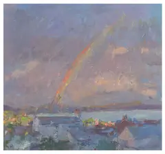 Rainbow signed with initials 'JW' (lower left) oil on boardUnframed: 33 x 35.5 cm by Jacqueline Williams, oil on board, sold Jun 2026
