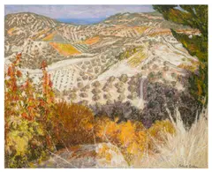 Landscape near Limni, Evia signed 'Patrick Cullen' (lower right) oil on boardUnframed: 81.4 x 101.5 cm by Patrick Cullen, oil on board, sold Jun 2026