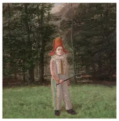 Clown in Forest by Claude Harrison, oil on board, sold Jun 2026