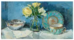 Still life with roses and teacup by Jane Corsellis, oil on board, sold Jun 2026