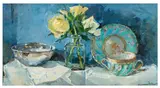 Still life with roses and teacup by Jane Corsellis, oil on board, sold Jun 2026