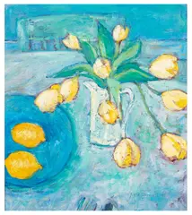 Tulips & Lemons signed and dated 'June Bennett 95' (lower right) oil on canvasboardUnframed: 43 x 37 cm by June Bennett, oil on canvas, sold Jun 2026