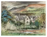 Welsh Landscape with White House by David Tindle, gouache, offered Jun 2026