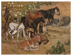 Horses and foals in a meadow by Charles Frederick Tunnicliffe, watercolor, sold Jun 2026