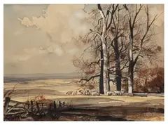 Sheep among the fields by Rowland Hilder, watercolour and pen, sold Jun 2026