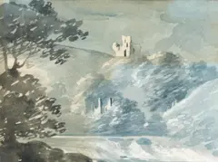 A view of okehampton castle, devon by John Swete, watercolor, offered Jan 2026