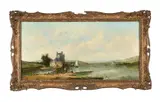 Fishing boats on a lake with ruins by Alfred Gomersal Vickers, Oil on canvas, offered Jan 2026