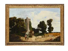 Figures and sheep outside a church in a landscape by William James Müller, Oil on canvas, offered Jan 2026