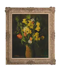 Still life study of spring flowers in a vase by Jacob Kramer, Oil on canvas board, offered Jan 2026