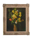 Still life study of spring flowers in a vase by Jacob Kramer, Oil on canvas board, offered Jan 2026