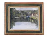 Barging, les saussois by the yonne (patricia in the rain) by Susie Whitcombe, Oil on board, offered Nov 2025
