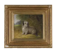 A terrier in a landscape by George Morley, Oil on canvas, offered Nov 2025