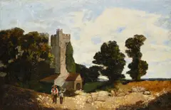 Figures and sheep outside a church in a landscape by William James Müller, Oil on canvas, offered Nov 2025