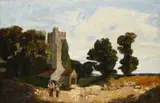 Figures and sheep outside a church in a landscape by William James Müller, Oil on canvas, offered Nov 2025