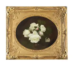 White roses by Stuart Park, Oil on canvas, laid to board, framed oval, offered Nov 2025