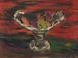Still life of fruit in a glass vase by Bernard Meninsky, Oil on canvas laid to board, offered Oct 2025