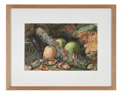Fruit and nuts on a mossy bank by John Sherrin, Watercolour and bodycolour, offered Oct 2025