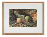 Fruit and nuts on a mossy bank by John Sherrin, Watercolour and bodycolour, offered Oct 2025