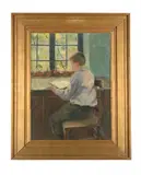Portrait of a boy reading by Charles M. Lesaar, Oil on canvas, offered Aug 2025