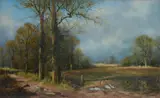 Forest landscape with a church beyond by John Trickett, oil, offered Jul 2025