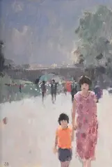 Figures by the thames by Stephen Brown, Oil on board, offered Jul 2025