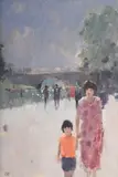 Figures by the thames by Stephen Brown, Oil on board, offered Jul 2025