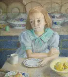 Young girl seated at the kitchen table by Dod Procter, Oil on canvas, offered Jul 2025