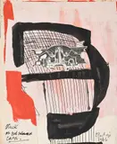 Untitled (stuck on red coloured card) by Eduardo Paolozzi, 1946, Ink, gouache and collage, offered Jul 2025