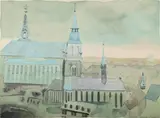 View of a church by Patrick Procktor, Watercolour, offered Jul 2025