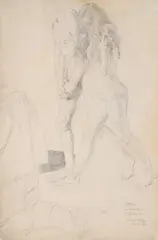 Study for the holy well: a nude couple and a kneeling man by William Orpen, Pencil and black chalk, partially squared for transfer, offered Jul 2025